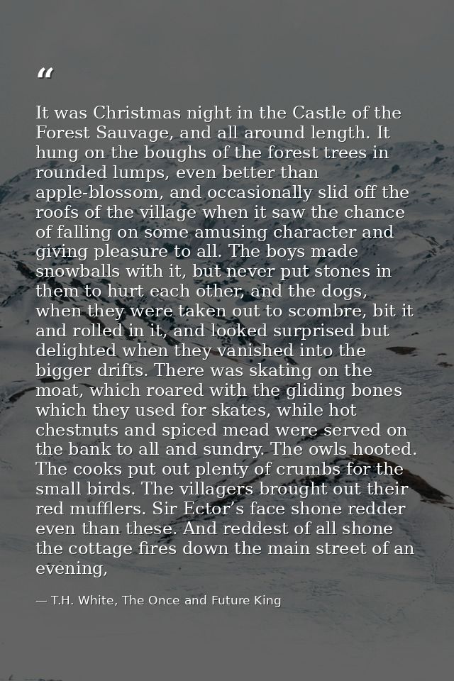 It was Christmas night in the Castle of the Forest Sauvage, and all around length. It hung on the boughs of the forest t — T.H. White, The Once and Future King