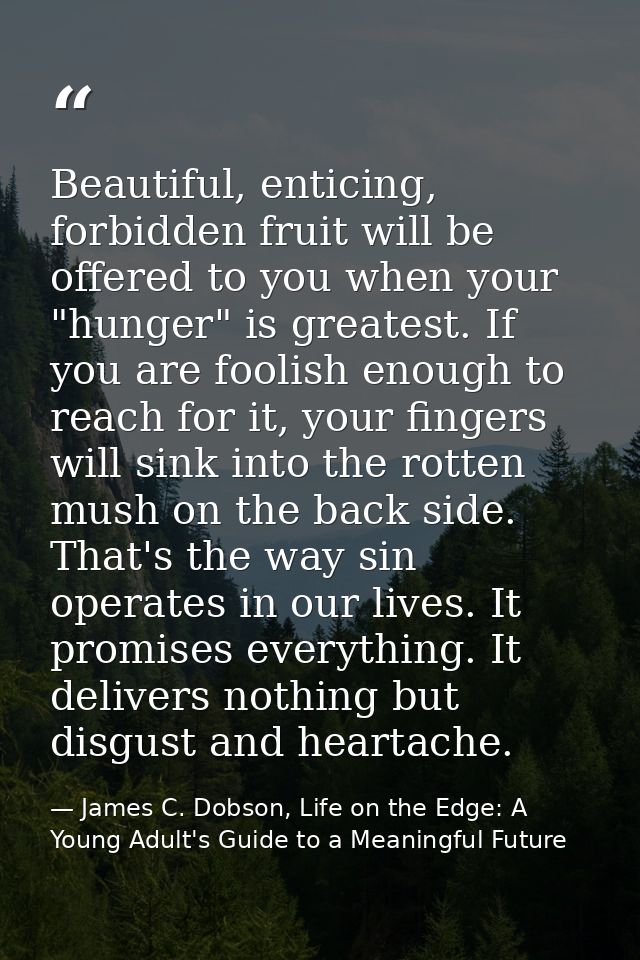 Beautiful, enticing, forbidden fruit will be offered to you when your "hunger" is greatest. If you are foolish enough to — James C. Dobson, Life on the Edge: A Young Adult's Guide to a Meaningful Future