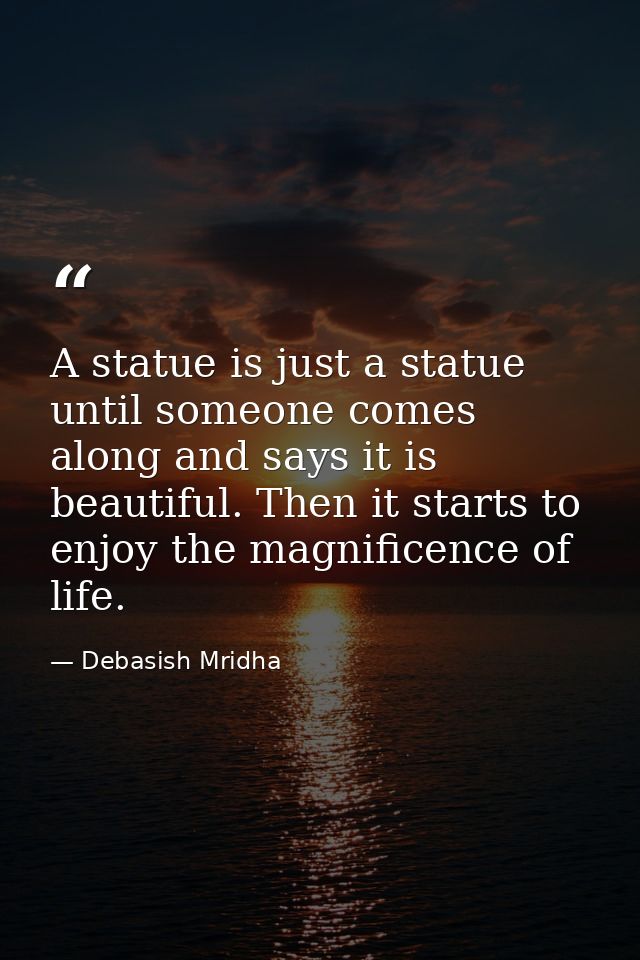 A statue is just a statue until someone comes along and says it is beautiful. Then it starts to enjoy the magnificence o — Debasish Mridha