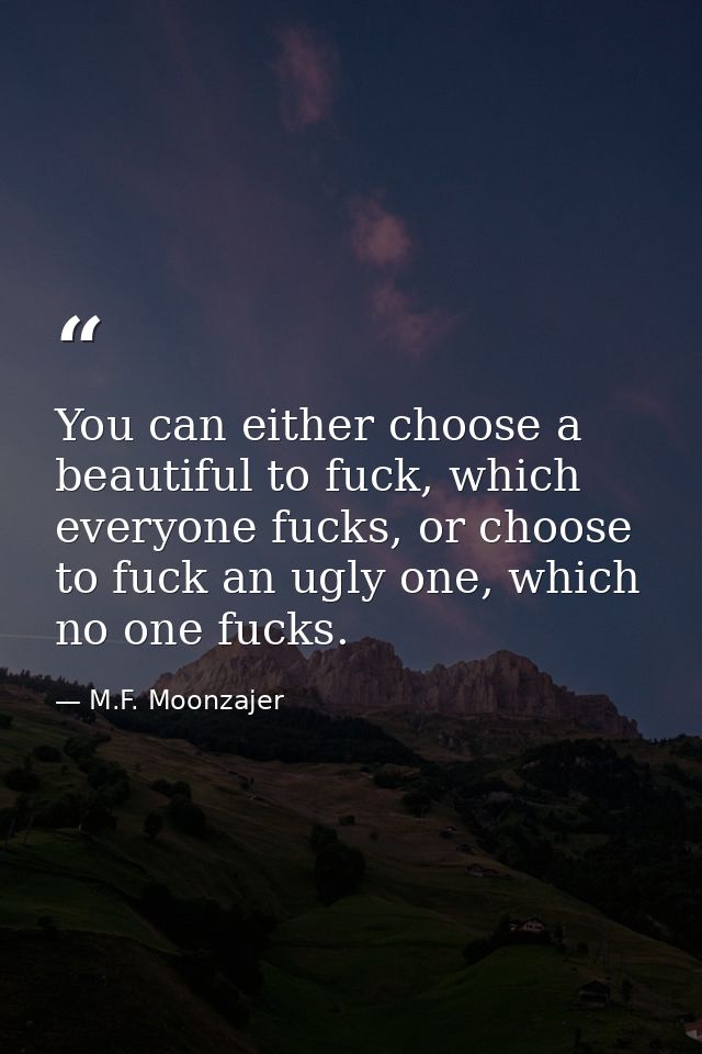 You can either choose a beautiful to fuck, which everyone fucks, or choose to fuck an ugly one, which no one fucks. — M.F. Moonzajer