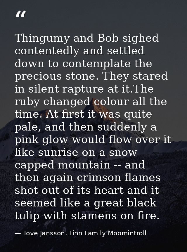 Thingumy and Bob sighed contentedly and settled down to contemplate the precious stone. They stared in silent rapture at — Tove Jansson, Finn Family Moomintroll