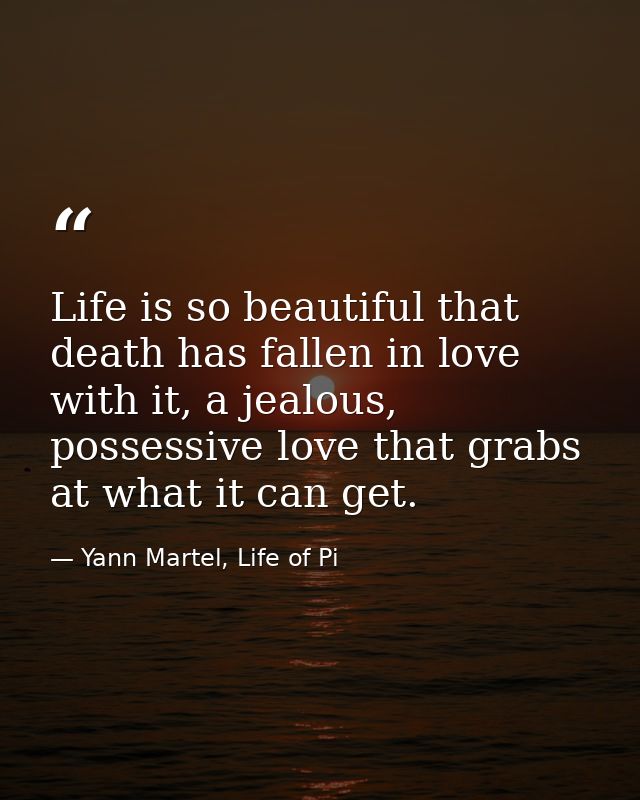 Life is so beautiful that death has fallen in love with it, a jealous, possessive love that grabs at what it can get. — Yann Martel, Life of Pi