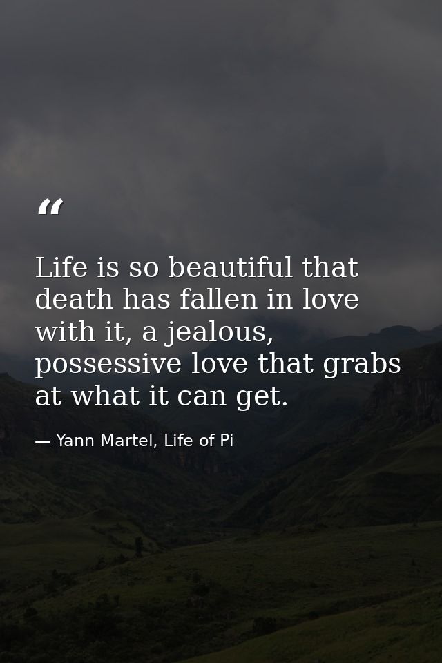 Life is so beautiful that death has fallen in love with it, a jealous, possessive love that grabs at what it can get. — Yann Martel, Life of Pi