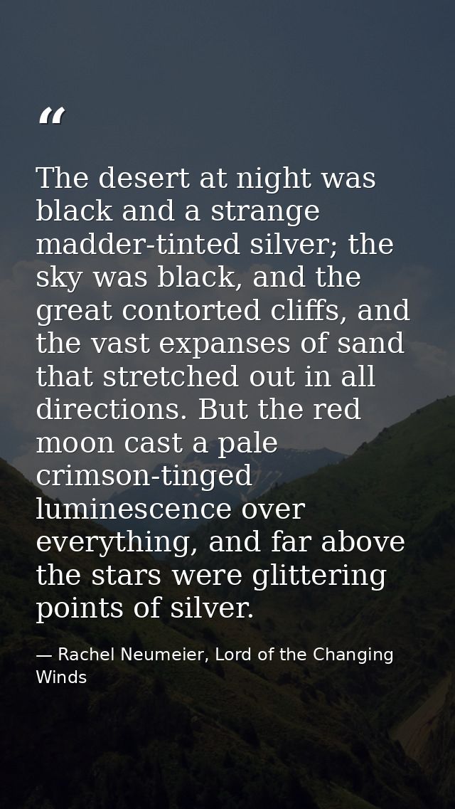 The desert at night was black and a strange madder-tinted silver; the sky was black, and the great contorted cliffs, and — Rachel Neumeier, Lord of the Changing Winds