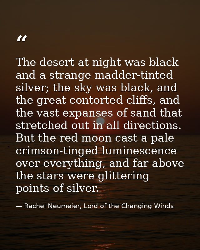 The desert at night was black and a strange madder-tinted silver; the sky was black, and the great contorted cliffs, and — Rachel Neumeier, Lord of the Changing Winds