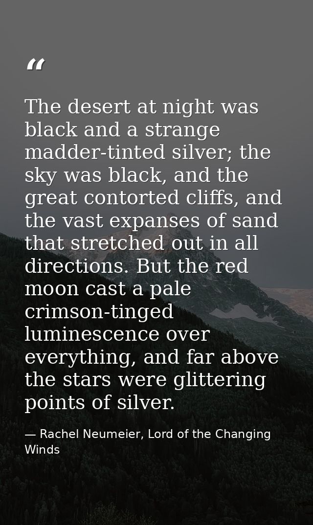 The desert at night was black and a strange madder-tinted silver; the sky was black, and the great contorted cliffs, and — Rachel Neumeier, Lord of the Changing Winds