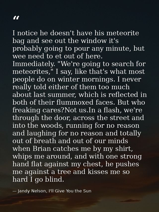 I notice he doesn't have his meteorite bag and see out the window it's probably going to pour any minute, but wee need t — Jandy Nelson, I'll Give You the Sun