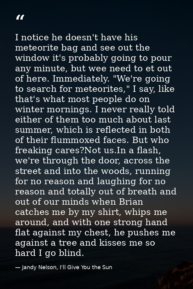 I notice he doesn't have his meteorite bag and see out the window it's probably going to pour any minute, but wee need t — Jandy Nelson, I'll Give You the Sun