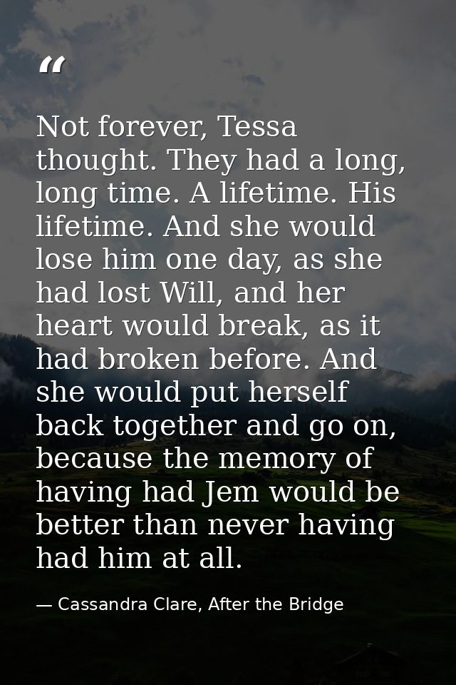 Not forever, Tessa thought. They had a long, long time. A lifetime. His lifetime. And she would lose him one day, as she — Cassandra Clare, After the Bridge
