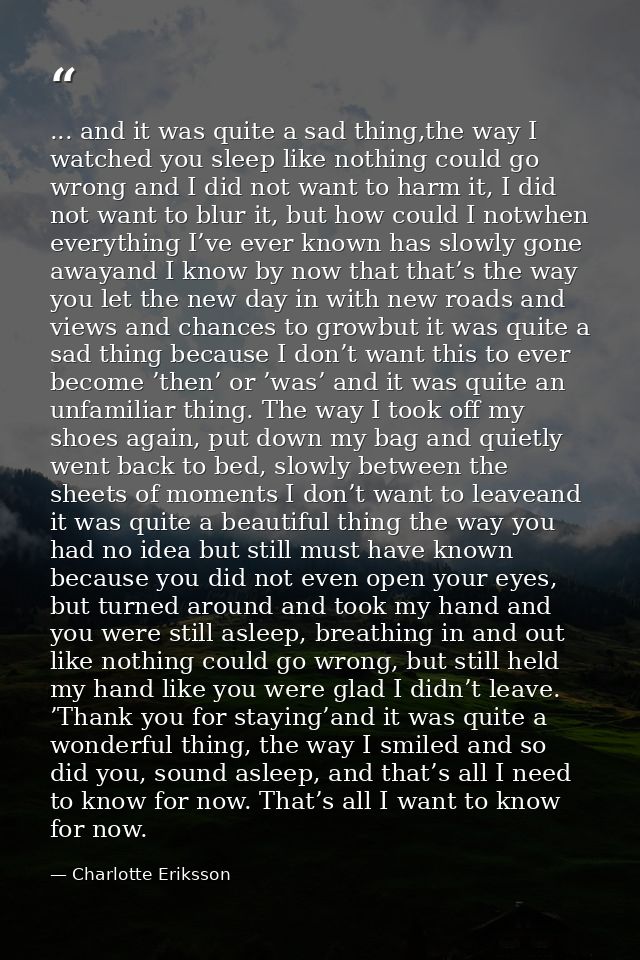 ... and it was quite a sad thing,the way I watched you sleep like nothing could go wrong and I did not want to harm it,  — Charlotte Eriksson