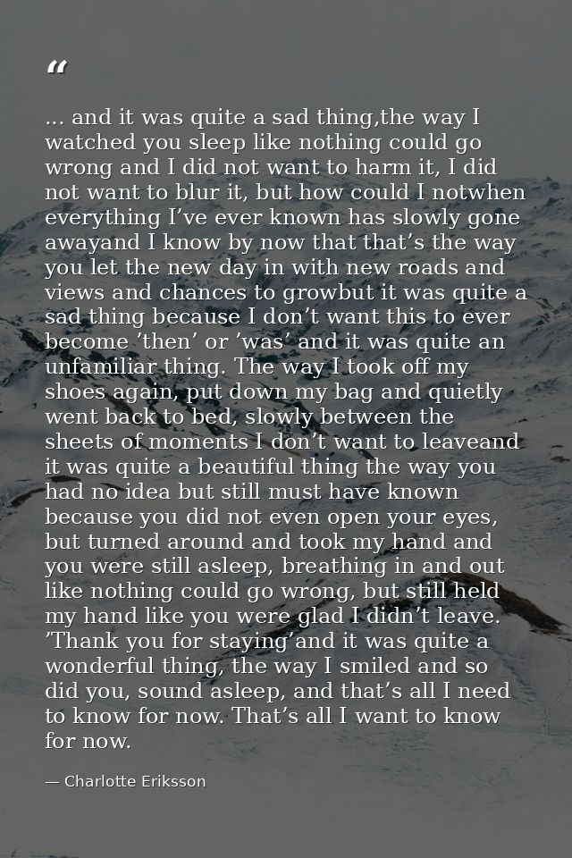... and it was quite a sad thing,the way I watched you sleep like nothing could go wrong and I did not want to harm it,  — Charlotte Eriksson