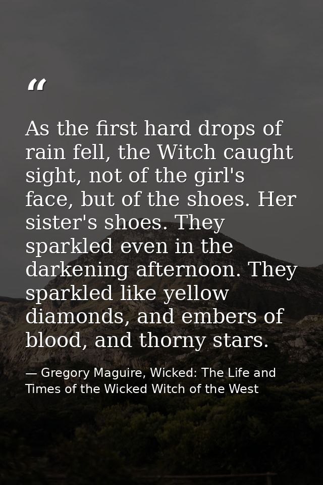 As the first hard drops of rain fell, the Witch caught sight, not of the girl's face, but of the shoes. Her sister's sho — Gregory Maguire, Wicked: The Life and Times of the Wicked Witch of the West