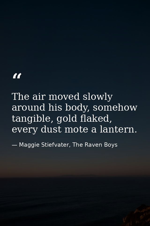 The air moved slowly around his body, somehow tangible, gold flaked, every dust mote a lantern. — Maggie Stiefvater, The Raven Boys