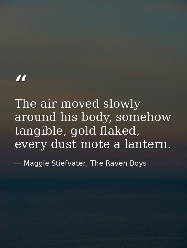 The air moved slowly around his body, somehow tangible, gold flaked, every dust mote a lantern. — Maggie Stiefvater, The Raven Boys