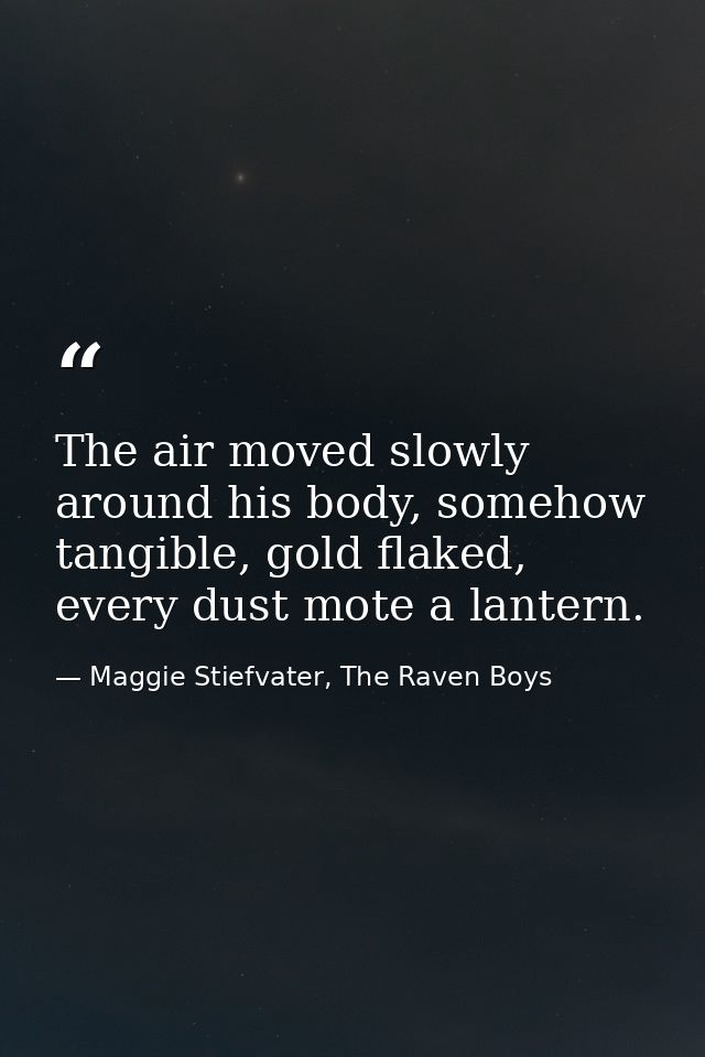 The air moved slowly around his body, somehow tangible, gold flaked, every dust mote a lantern. — Maggie Stiefvater, The Raven Boys