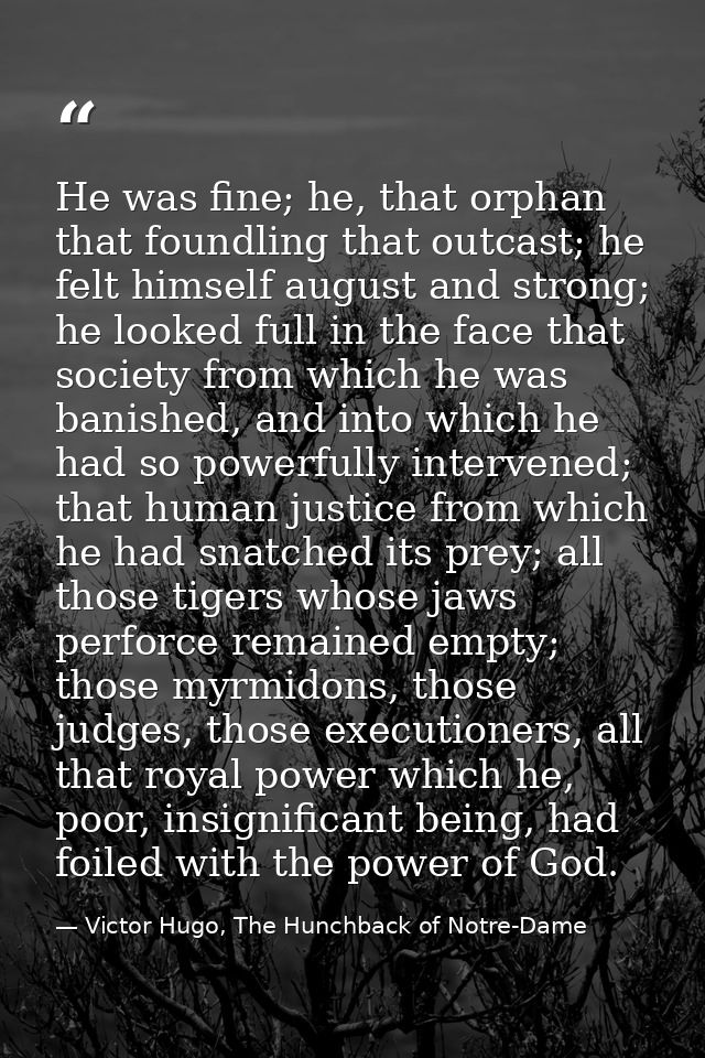 He was fine; he, that orphan that foundling that outcast; he felt himself august and strong; he looked full in the face  — Victor Hugo, The Hunchback of Notre-Dame