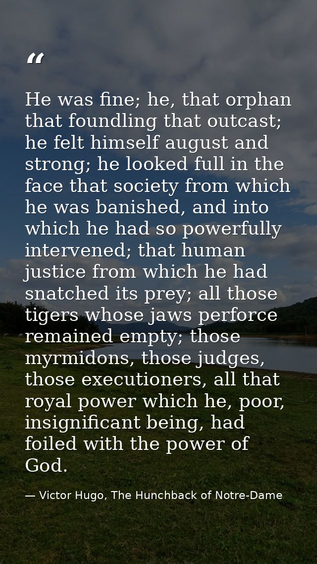 He was fine; he, that orphan that foundling that outcast; he felt himself august and strong; he looked full in the face  — Victor Hugo, The Hunchback of Notre-Dame