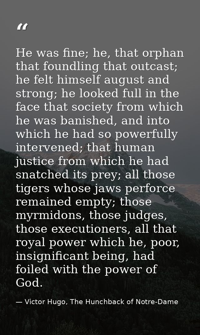 He was fine; he, that orphan that foundling that outcast; he felt himself august and strong; he looked full in the face  — Victor Hugo, The Hunchback of Notre-Dame