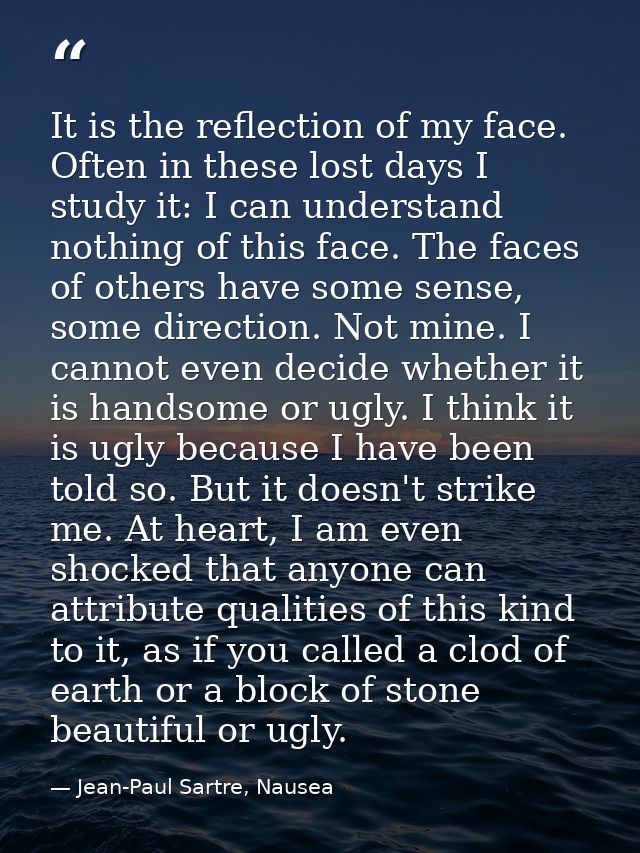 It is the reflection of my face. Often in these lost days I study it: I can understand nothing of this face. The faces o — Jean-Paul Sartre, Nausea