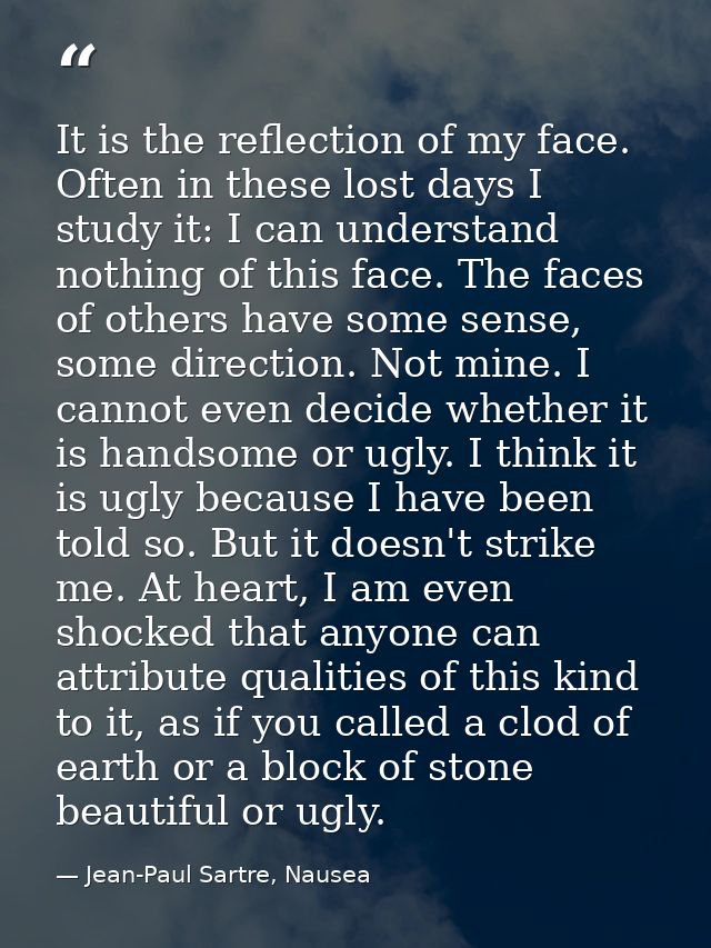 It is the reflection of my face. Often in these lost days I study it: I can understand nothing of this face. The faces o — Jean-Paul Sartre, Nausea