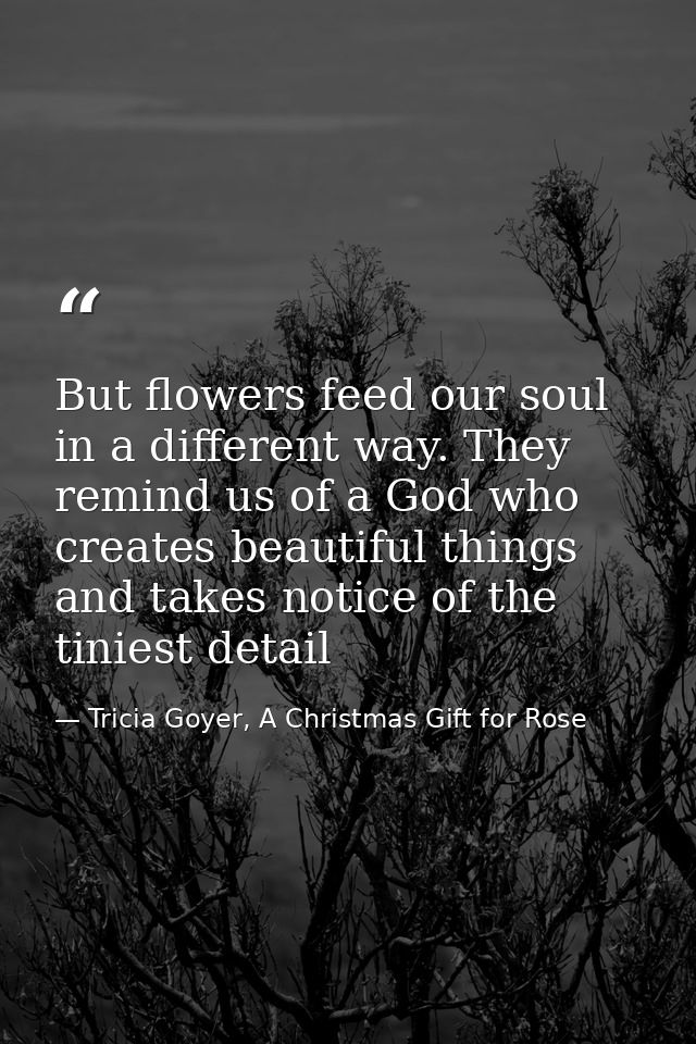 But flowers feed our soul in a different way. They remind us of a God who creates beautiful things and takes notice of t — Tricia Goyer, A Christmas Gift for Rose