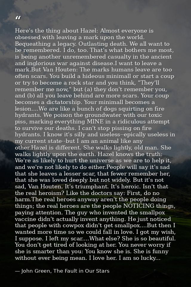 Here's the thing about Hazel: Almost everyone is obsessed with leaving a mark upon the world. Bequeathing a legacy. Outl — John Green, The Fault in Our Stars