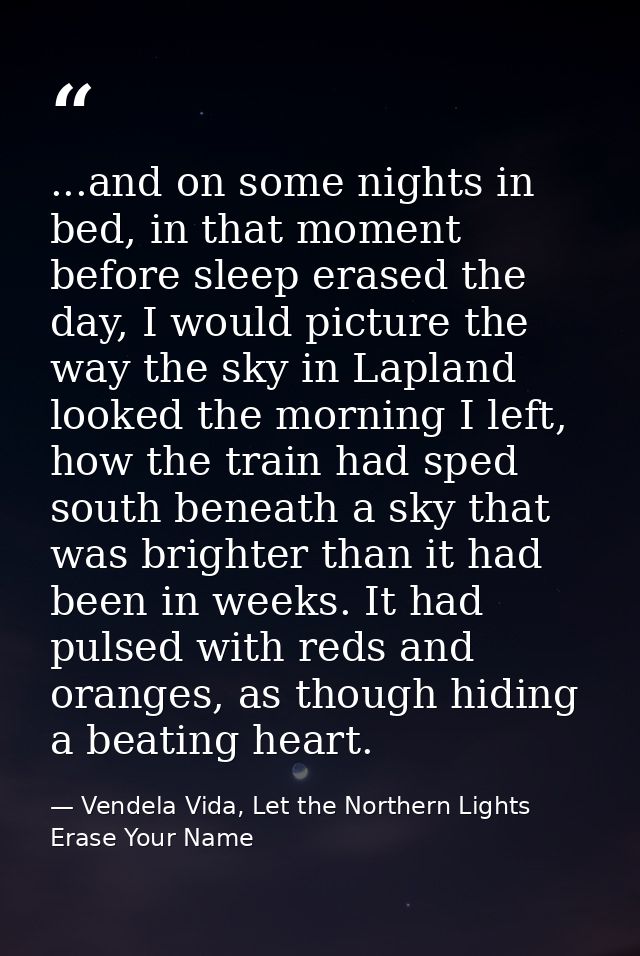 ...and on some nights in bed, in that moment before sleep erased the day, I would picture the way the sky in Lapland loo — Vendela Vida, Let the Northern Lights Erase Your Name