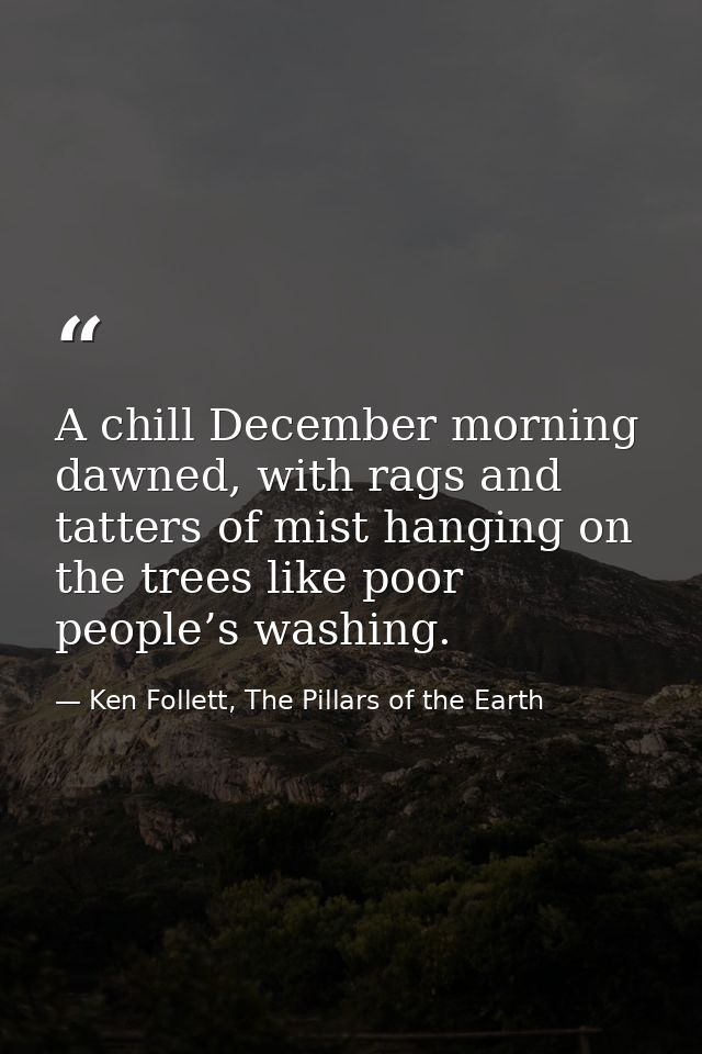 A chill December morning dawned, with rags and tatters of mist hanging on the trees like poor people’s washing. — Ken Follett, The Pillars of the Earth