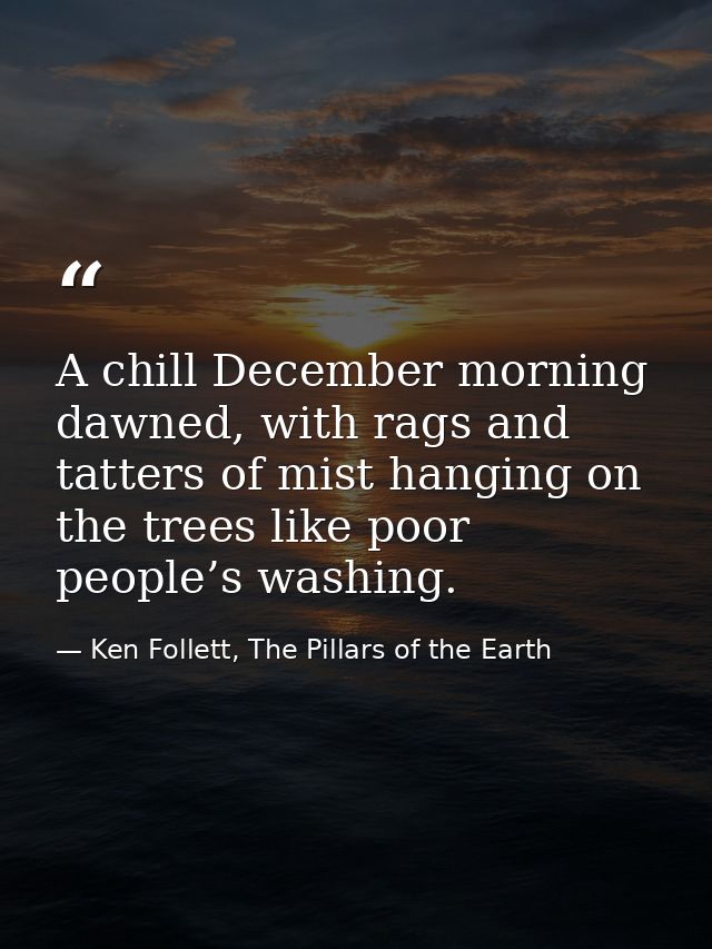 A chill December morning dawned, with rags and tatters of mist hanging on the trees like poor people’s washing. — Ken Follett, The Pillars of the Earth