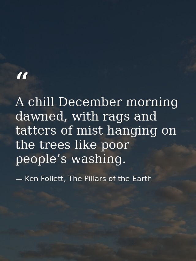 A chill December morning dawned, with rags and tatters of mist hanging on the trees like poor people’s washing. — Ken Follett, The Pillars of the Earth