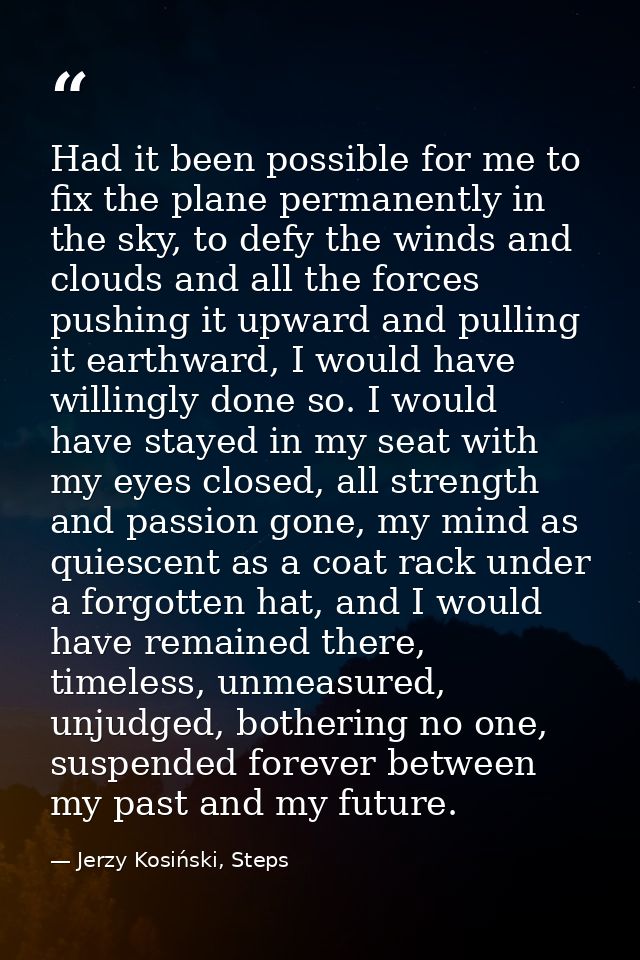 Had it been possible for me to fix the plane permanently in the sky, to defy the winds and clouds and all the forces pus — Jerzy Kosiński, Steps