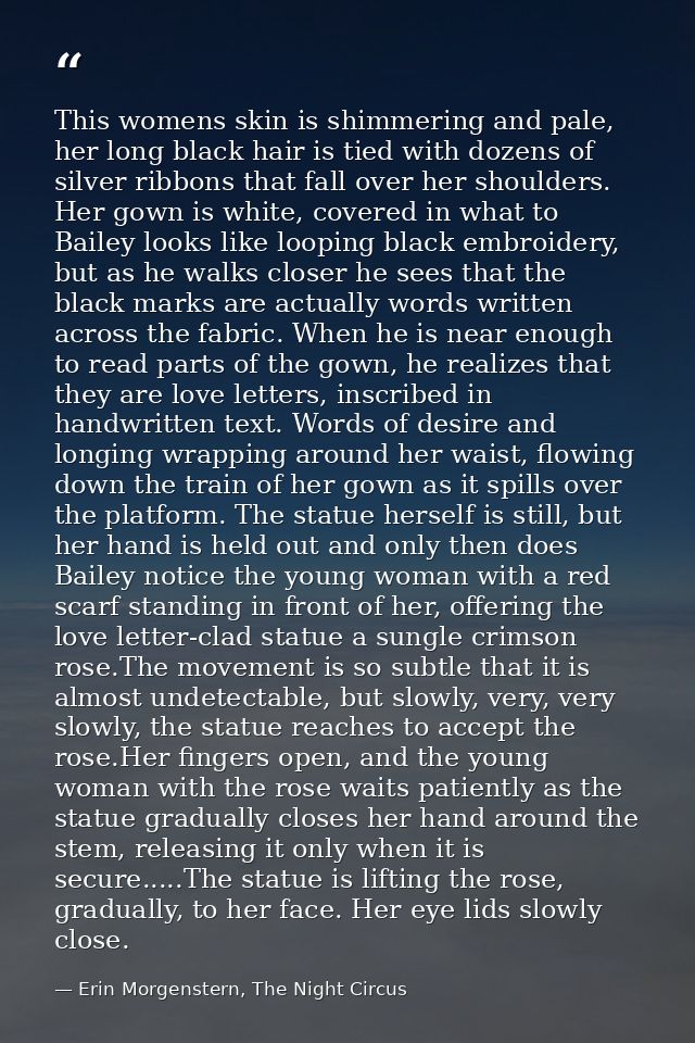 This womens skin is shimmering and pale, her long black hair is tied with dozens of silver ribbons that fall over her sh — Erin Morgenstern, The Night Circus