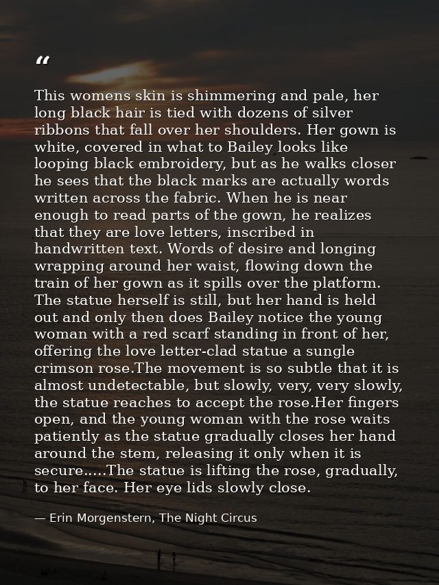 This womens skin is shimmering and pale, her long black hair is tied with dozens of silver ribbons that fall over her sh — Erin Morgenstern, The Night Circus