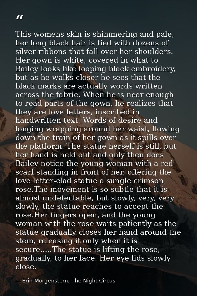 This womens skin is shimmering and pale, her long black hair is tied with dozens of silver ribbons that fall over her sh — Erin Morgenstern, The Night Circus