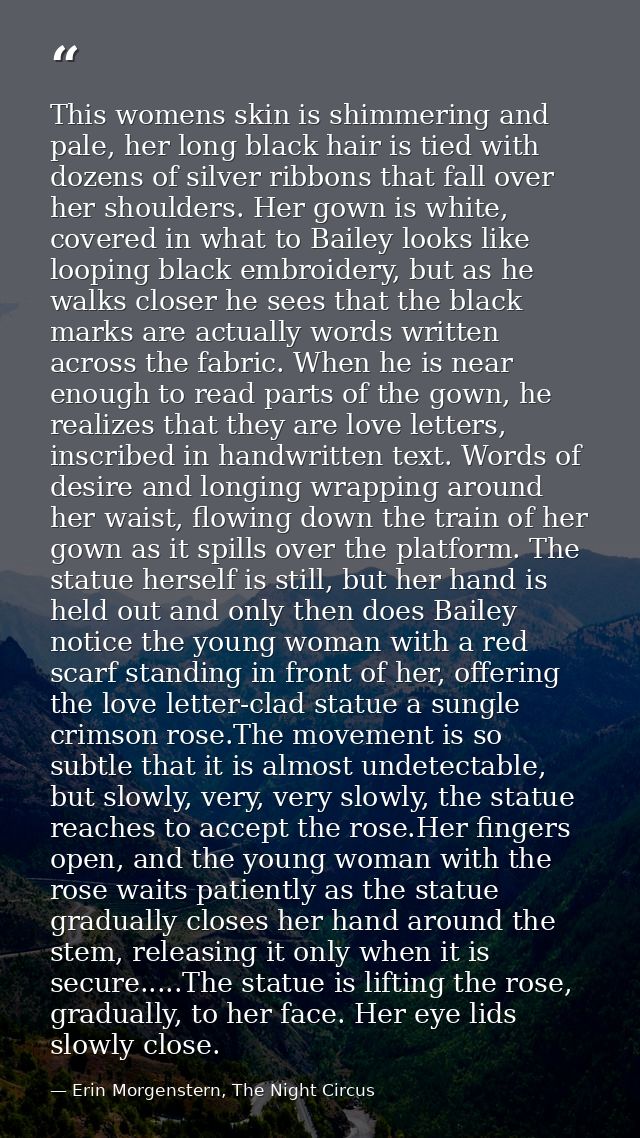 This womens skin is shimmering and pale, her long black hair is tied with dozens of silver ribbons that fall over her sh — Erin Morgenstern, The Night Circus
