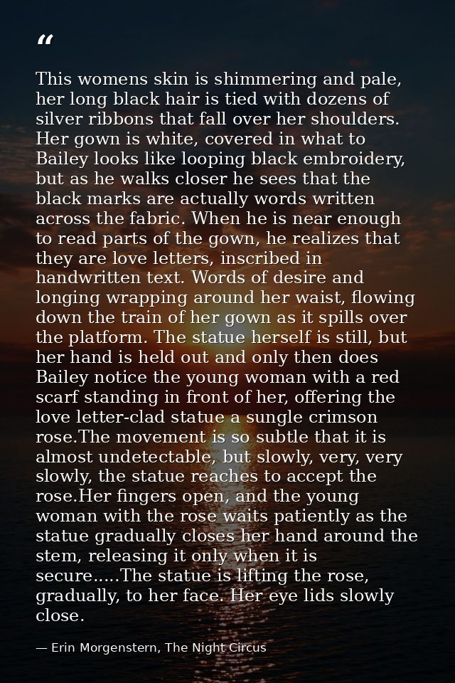 This womens skin is shimmering and pale, her long black hair is tied with dozens of silver ribbons that fall over her sh — Erin Morgenstern, The Night Circus