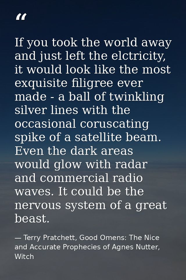 If you took the world away and just left the elctricity, it would look like the most exquisite filigree ever made - a ba — Terry Pratchett, Good Omens: The Nice and Accurate Prophecies of Agnes Nutter, Witch