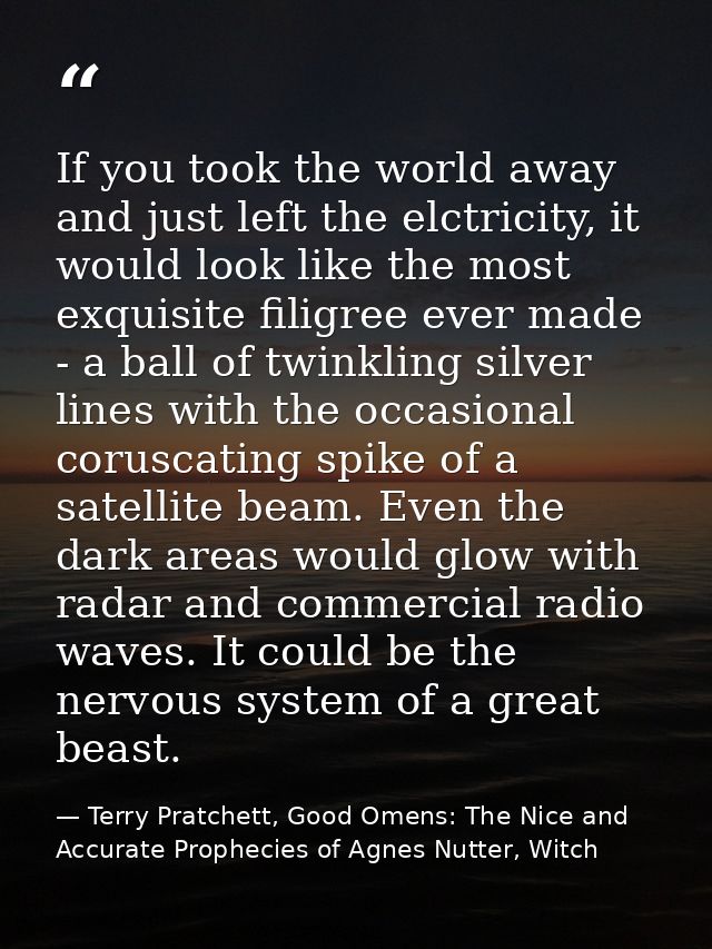 If you took the world away and just left the elctricity, it would look like the most exquisite filigree ever made - a ba — Terry Pratchett, Good Omens: The Nice and Accurate Prophecies of Agnes Nutter, Witch