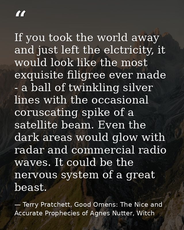 If you took the world away and just left the elctricity, it would look like the most exquisite filigree ever made - a ba — Terry Pratchett, Good Omens: The Nice and Accurate Prophecies of Agnes Nutter, Witch