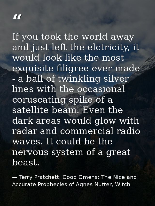 If you took the world away and just left the elctricity, it would look like the most exquisite filigree ever made - a ba — Terry Pratchett, Good Omens: The Nice and Accurate Prophecies of Agnes Nutter, Witch