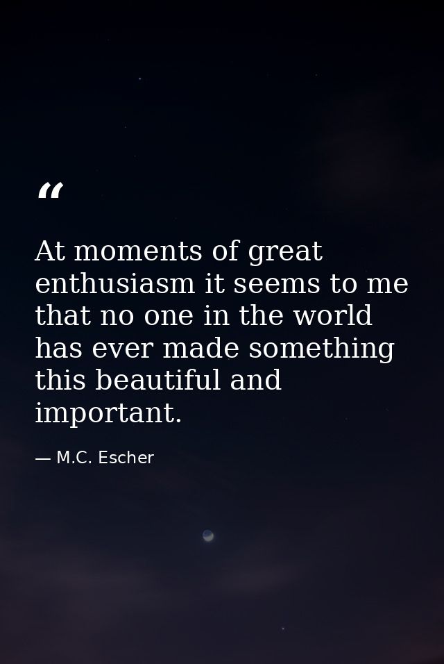 At moments of great enthusiasm it seems to me that no one in the world has ever made something this beautiful and import — M.C. Escher