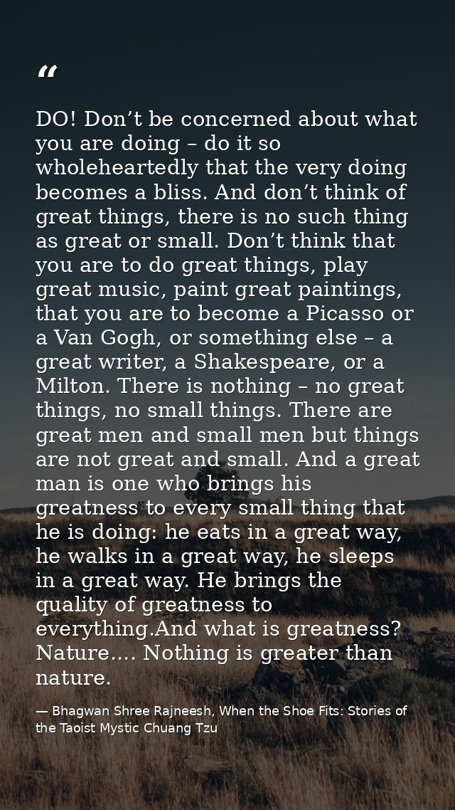 DO! Don’t be concerned about what you are doing – do it so wholeheartedly that the very doing becomes a bliss. And don’t — Bhagwan Shree Rajneesh, When the Shoe Fits: Stories of the Taoist Mystic Chuang Tzu