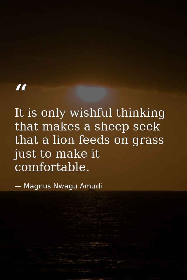 It is only wishful thinking that makes a sheep seek that a lion feeds on grass just to make it comfortable. — Magnus Nwagu Amudi