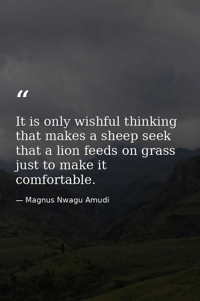 It is only wishful thinking that makes a sheep seek that a lion feeds on grass just to make it comfortable. — Magnus Nwagu Amudi