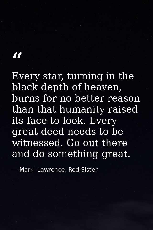 Every star, turning in the black depth of heaven, burns for no better reason than that humanity raised its face to look. — Mark  Lawrence, Red Sister