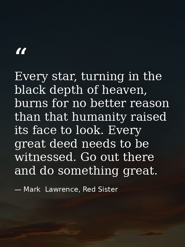 Every star, turning in the black depth of heaven, burns for no better reason than that humanity raised its face to look. — Mark  Lawrence, Red Sister