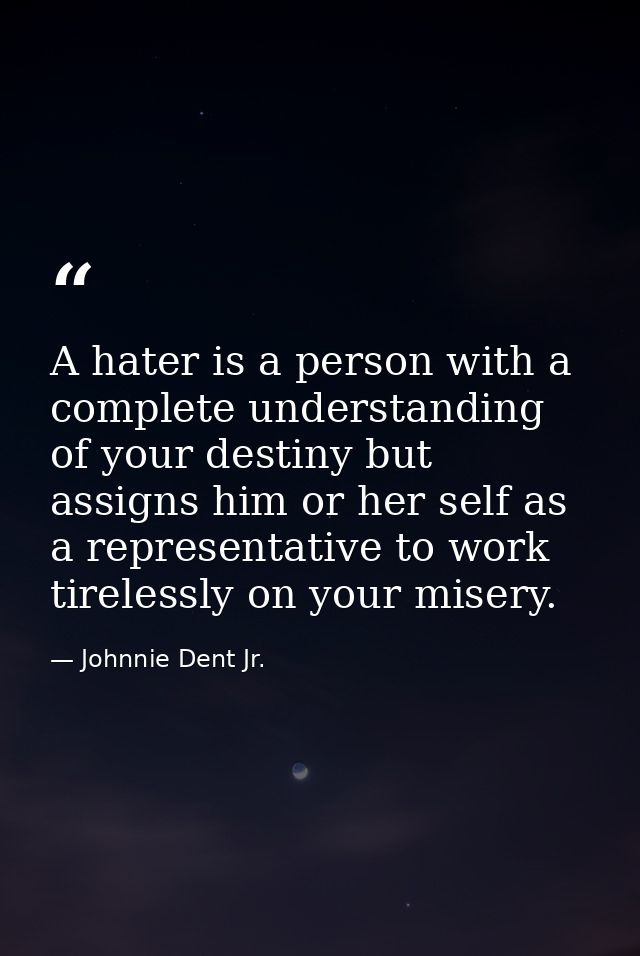 A hater is a person with a complete understanding of your destiny but assigns him or her self as a representative to wor — Johnnie Dent Jr.
