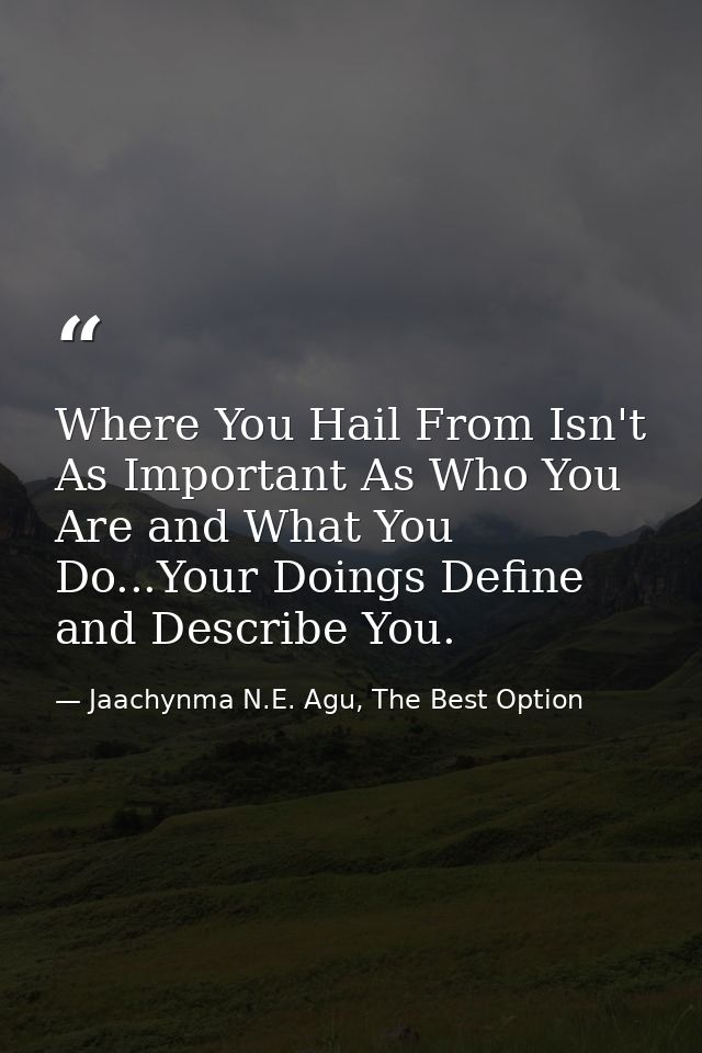 Where You Hail From Isn't As Important As Who You Are and What You Do...Your Doings Define and Describe You. — Jaachynma N.E. Agu, The Best Option