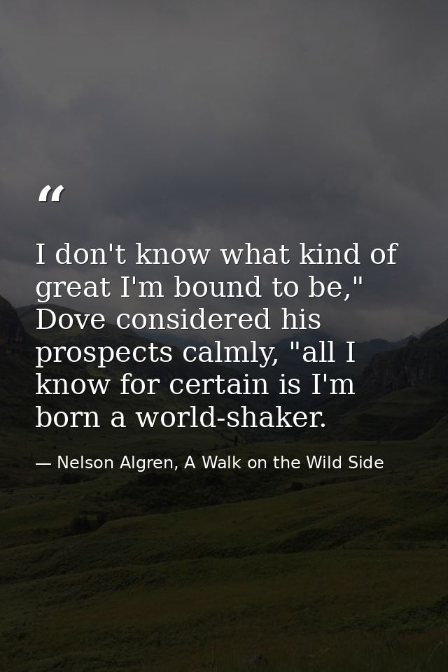 I don't know what kind of great I'm bound to be," Dove considered his prospects calmly, "all I know for certain is I'm b — Nelson Algren, A Walk on the Wild Side