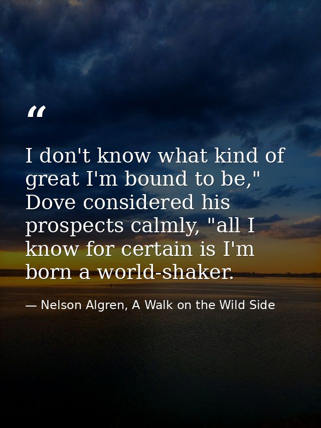 I don't know what kind of great I'm bound to be," Dove considered his prospects calmly, "all I know for certain is I'm b — Nelson Algren, A Walk on the Wild Side